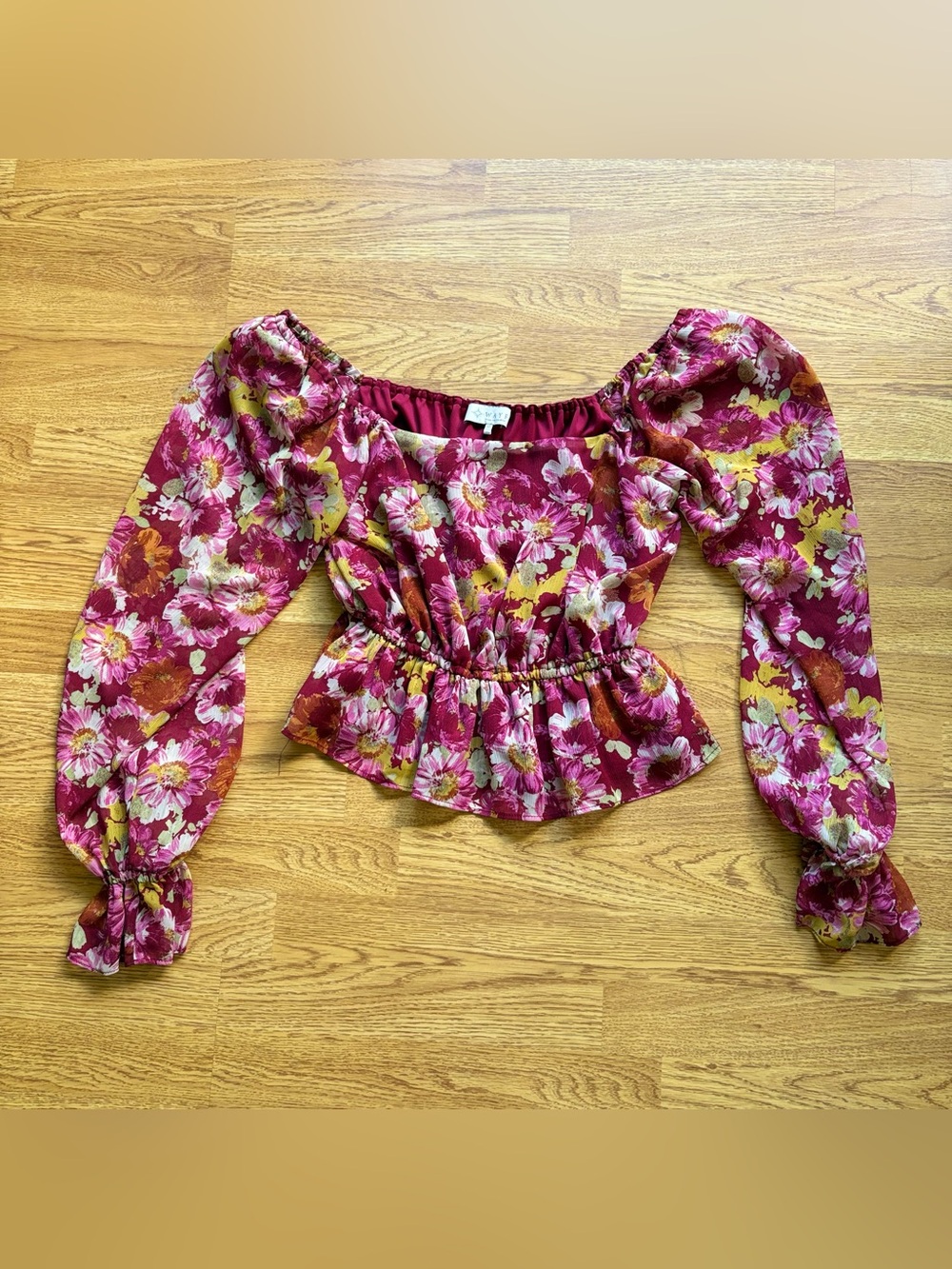 Wayf Floral Square-Neck Peplum Lined Boho Blouse Cropped Flowy Top Fuchsia Sz M